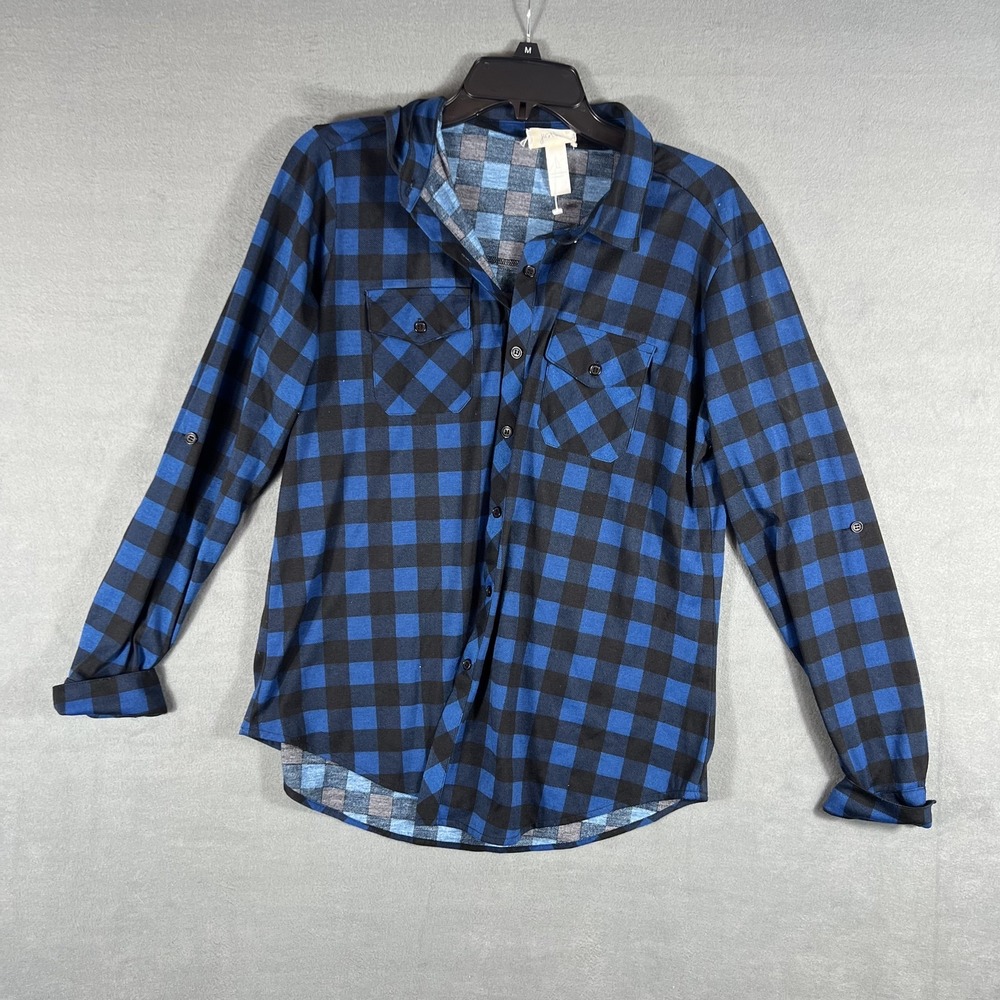 Just Be Women's L Blue Black Buffalo Plaid Button Upโ Shirt Roll Tab Sleeves
